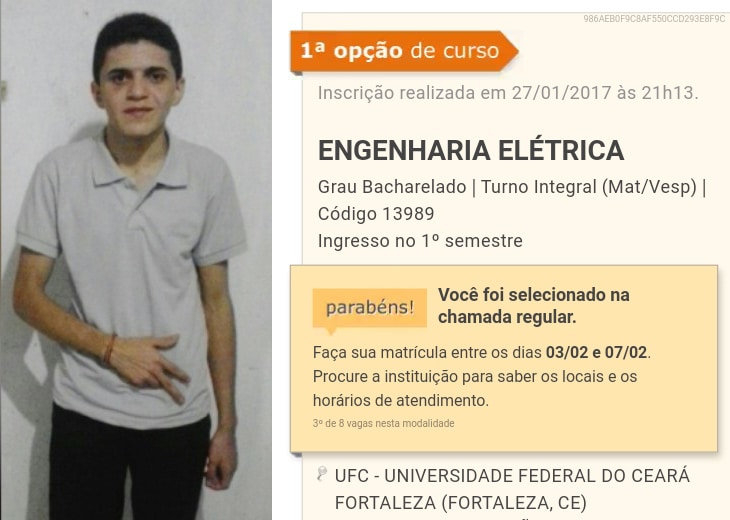 Estudante que teve a maior nota de seu município é aprovado em Engenharia Elétrica na UFC