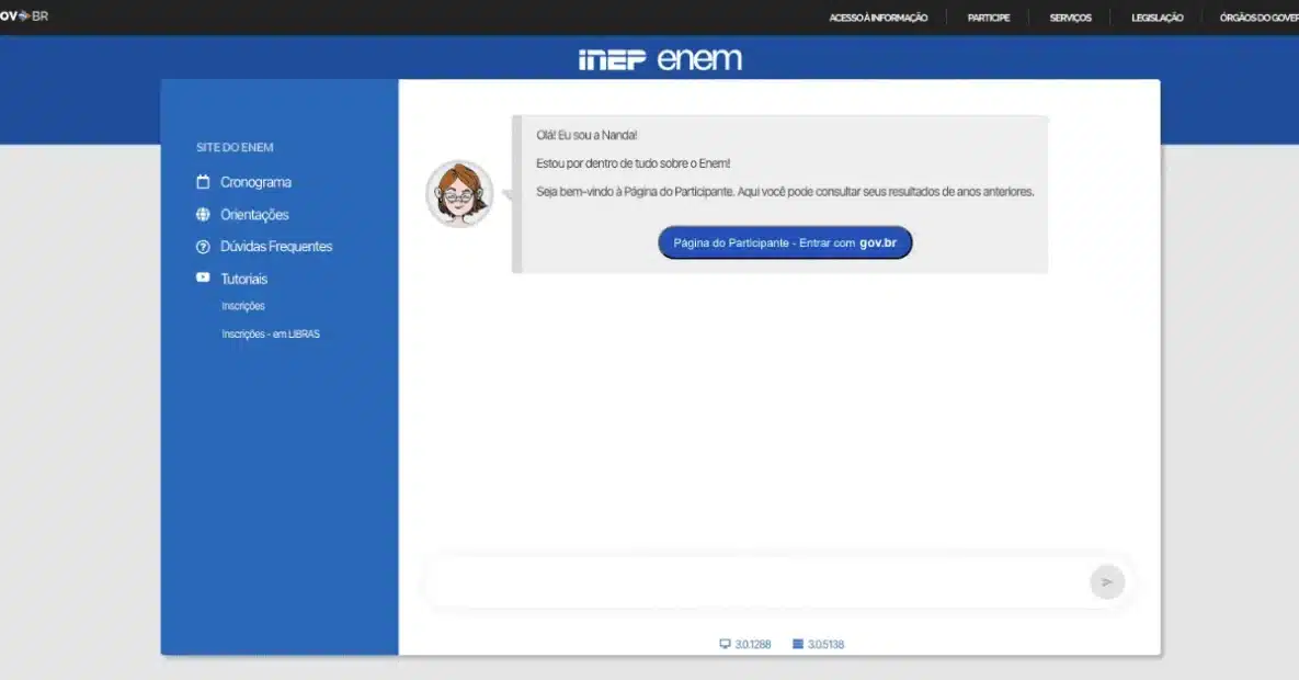 Imagem da tela do site Página do Participante ENEM