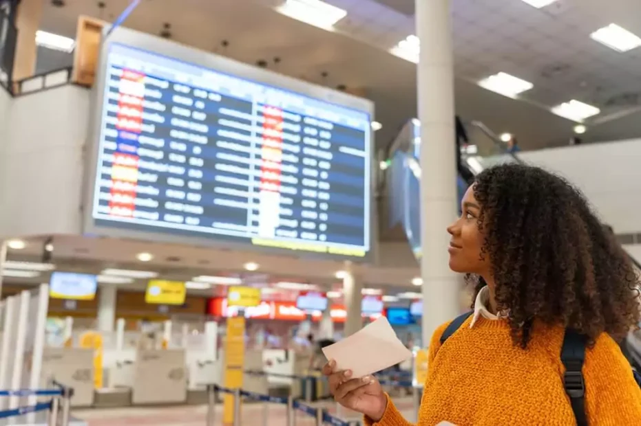 moça em aeroporto com passagem