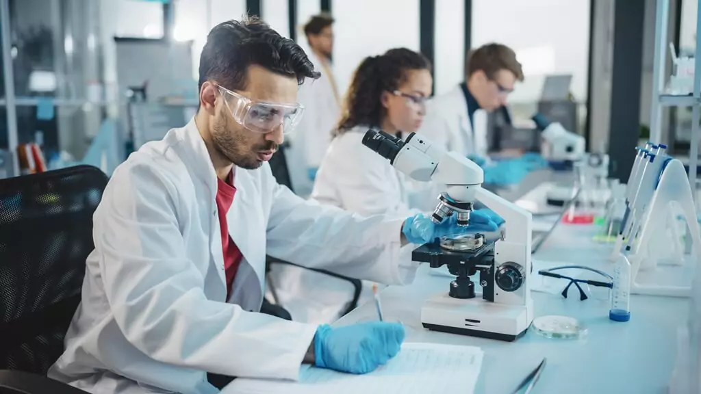 estudantes em laboratório fazendo experimentos