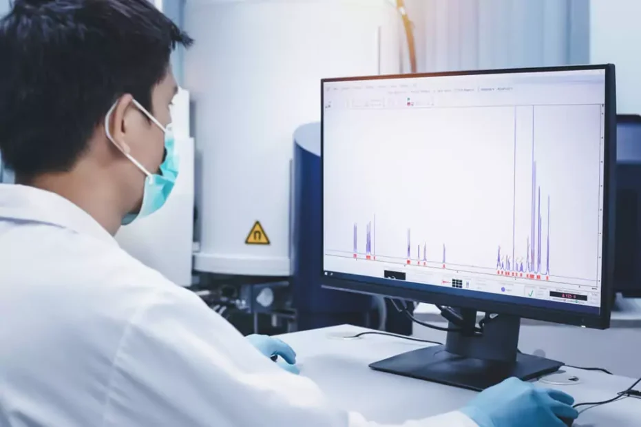 rapaz analisando dados em computador em laboratório de radiação