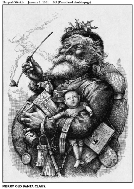 Ilustração do papai noel de 1881. Ele segura um cachimbo e uma série de objetos nas mãos. 