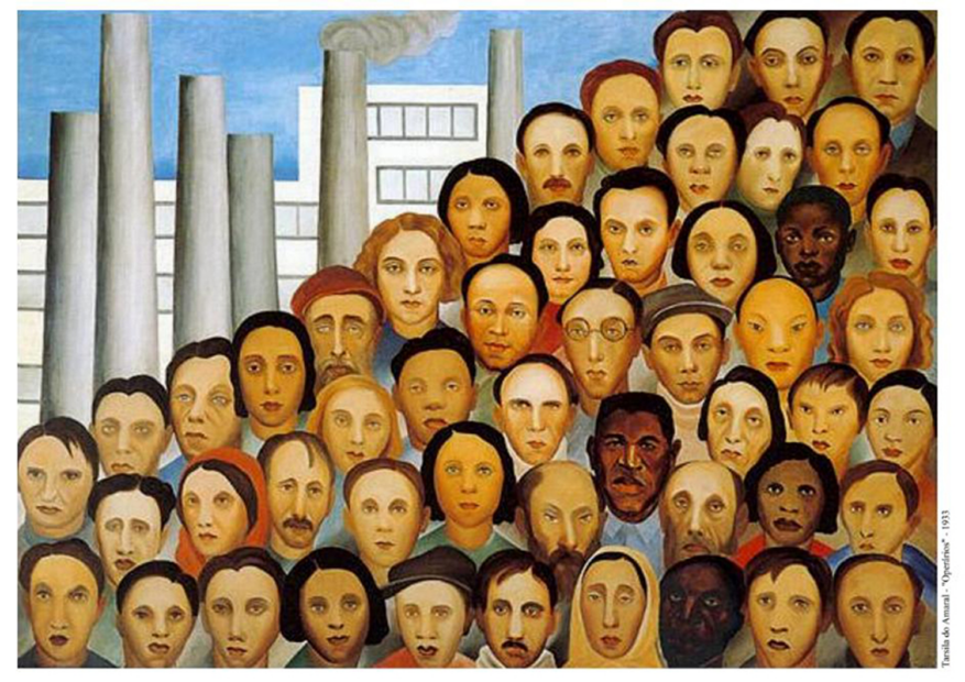 Os operários de Tarsila do Amaral. A obra retrata diversos rostos de pessoas diversas em frente a chaminés de fábricas. Segunda fase do modernismo.