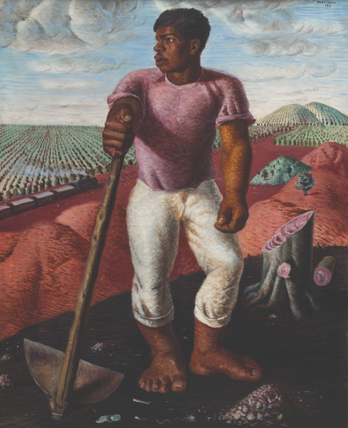 Obra de Cândido Portinari retrata um trabalhador rural em uma plantação de café. Segunda fase do modernismo.